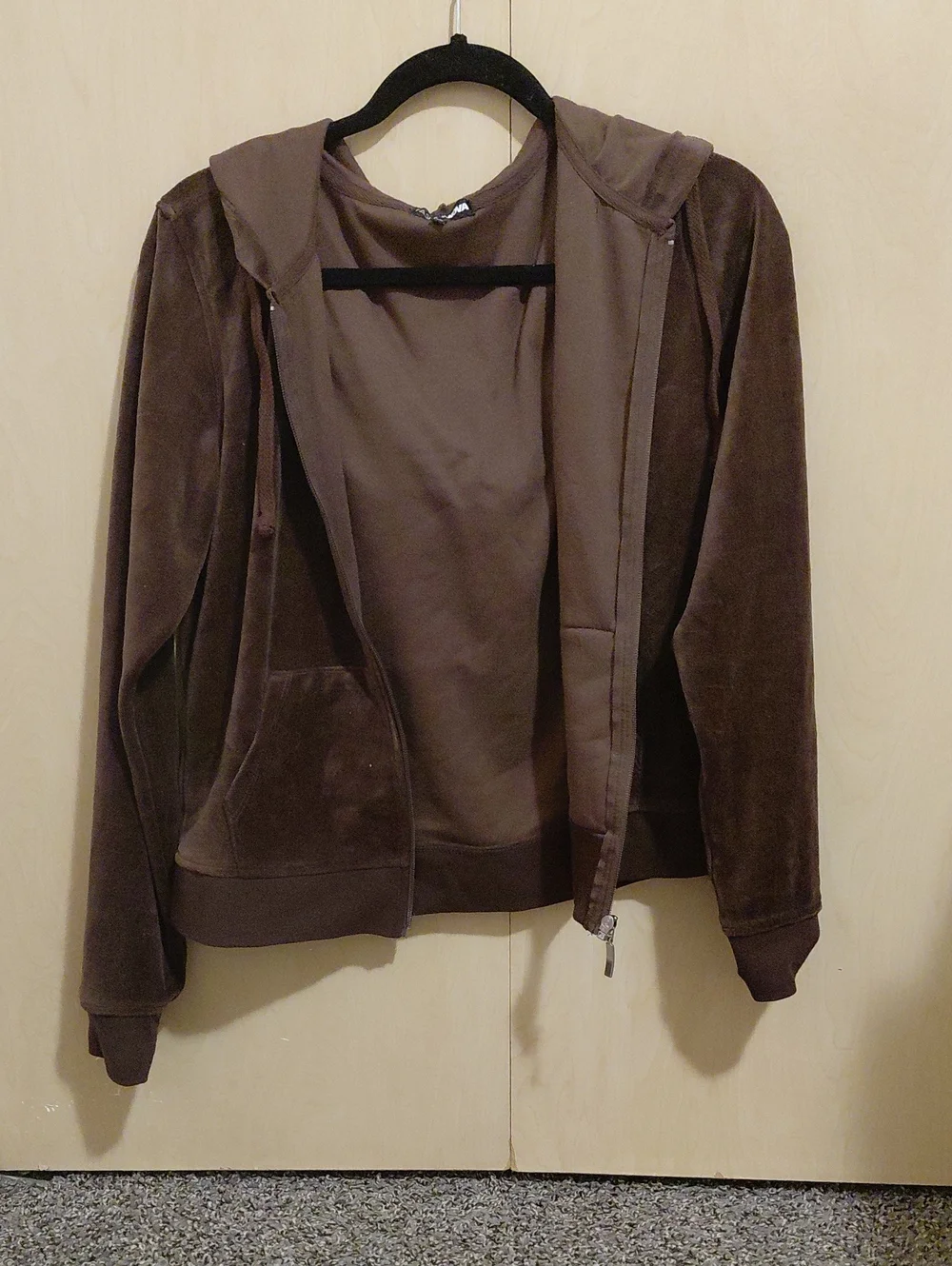 Women's Brown Velour Zip-Front Hoodie Jacket With Pants